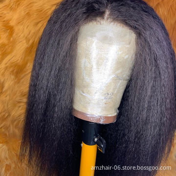 AMZHAIR Kinky Straight Lace Front Wig For Women Virgin Cuticle Aligned Brazilian Human Hair HD Full Transparent Lace Frontal Wig